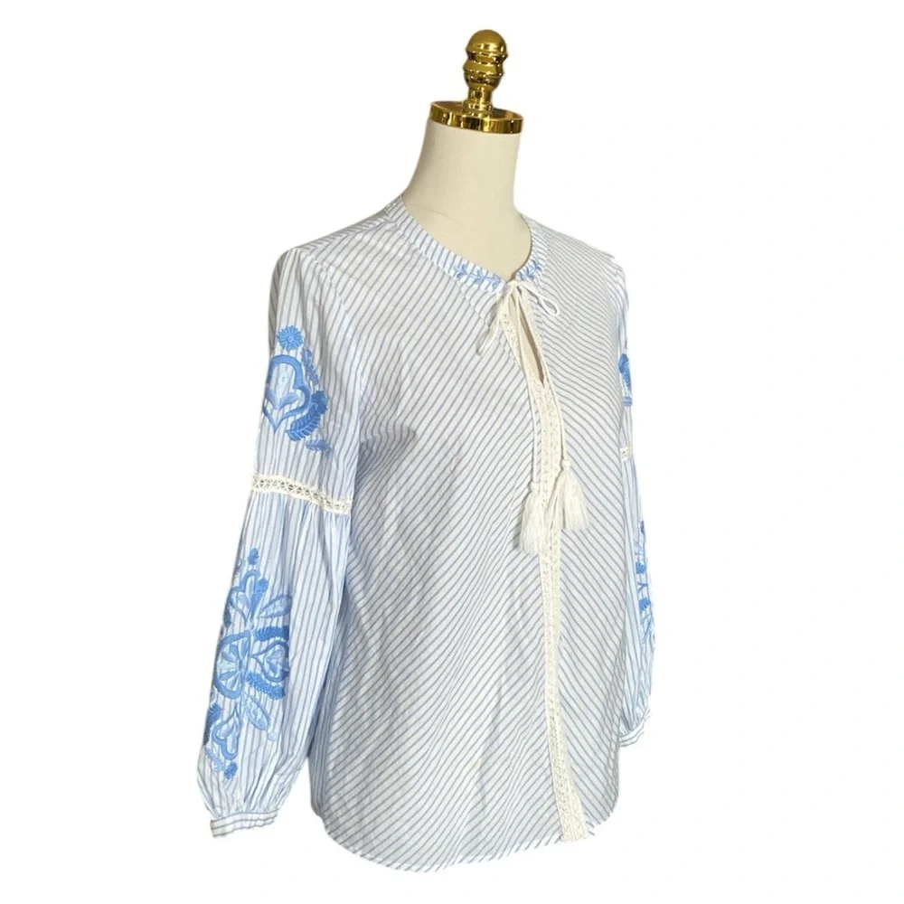 J. MCLAUGHLIN Embroidered Striped Cotton Linen Ballon Sleeve Boho Blouse Size S - Picture 2 of 8